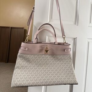 Michael Kors Pink and White Logo Tote with Shoulder Strap
